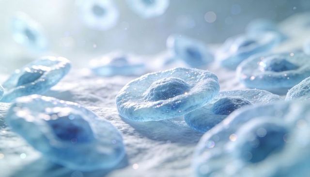 Clustering translucent blue blood cells on textured surface under microscope closeup macro