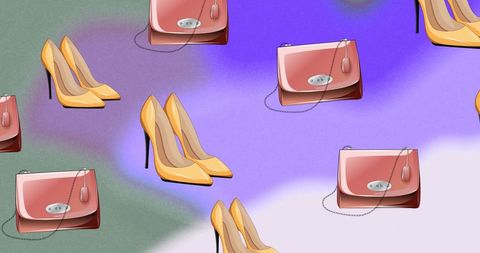 Floating Handbags and Stiletto Heels Over Gradient Background