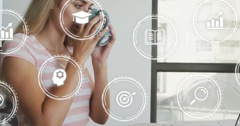 Woman with Mug Surrounded by Business Analytics Icons