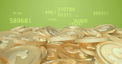 Shimmering gold coins with dollar symbols and floating numeric data on green gradient
