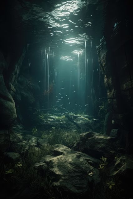Intricate underwater cave scene illuminated by sunlight streaming through the surface. Recognizable fish are seen swimming among rocky structures and aquatic plants. This scene is useful for creating enchanting, natural backdrops for oceanic exploration themes, travel advertisements, scuba diving promotions, or environmental awareness projects.