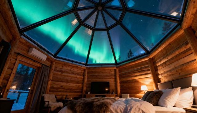 Sleeping under northern lights in glass-domed log cabin with king bed