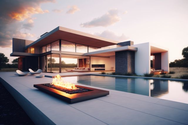 Modern mansion surrounded with swimming pool and fireplace, created using generative ai technology - Download Free Stock Photos Pikwizard.com