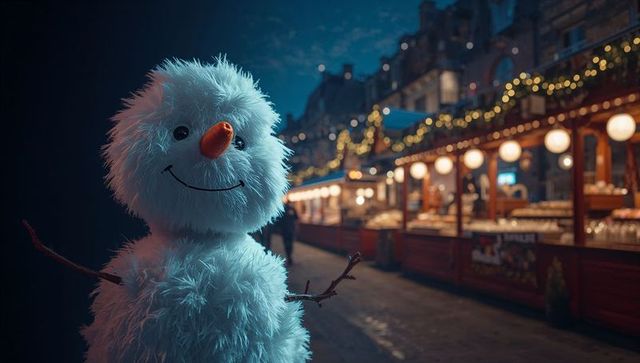 Fluffy Snowman Plush on Winter Night Market