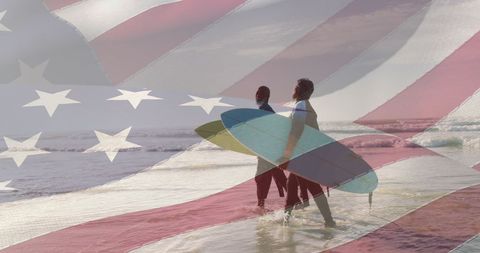 Senior Couple with Surfboards Celebrates American Beach Lifestyle