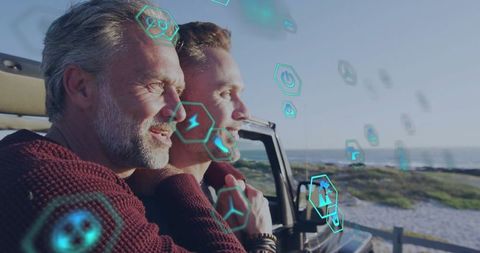 Couple Relaxing by Ocean in Convertible with Futuristic Icons