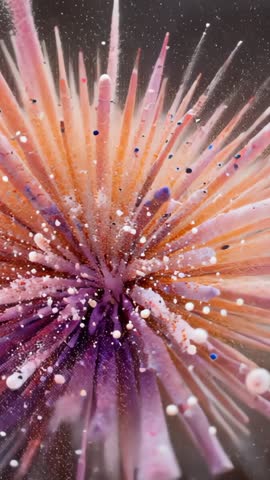 Rotating acrylic spike sculpture shedding vibrant paint droplets in vertical motion video