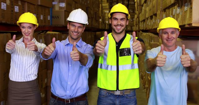 Warehouse team smiling and showing thumbs up together in a large warehouse