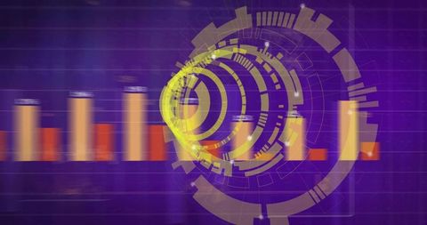 Concentric neon hud rings overlaying orange bar chart on purple data grid