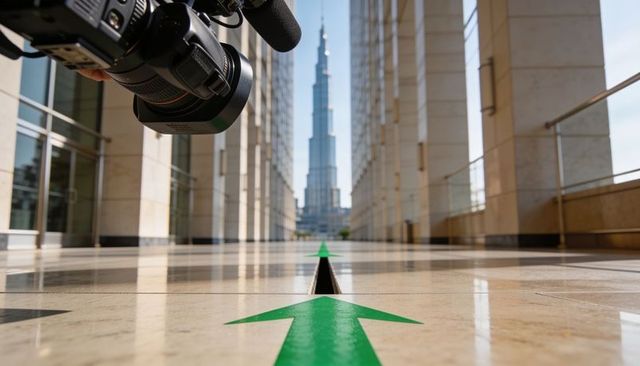 Green arrow guiding marble colonnade perspective toward burj khalifa with wide-angle camera rig