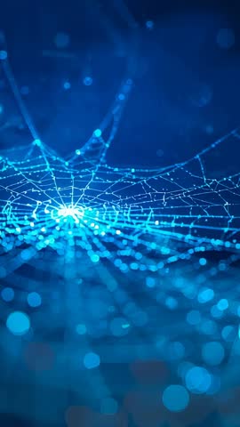 Vertical Glowing Blue Network Grid with Central Node and Bokeh, Futuristic Tech Visual