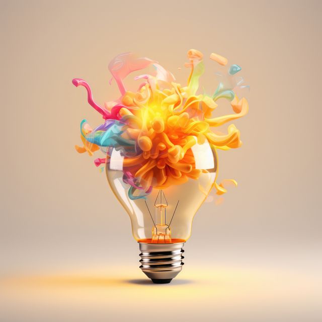 Concept of creativity and innovation shown through a colorful explosion inside a light bulb. Ideal for arts, creativity, inspiration, and innovation-related uses. Suitable for advertising, posters, websites, presentations, and social media posts that require a strong visual metaphor for inventive thinking or modern creativity.
