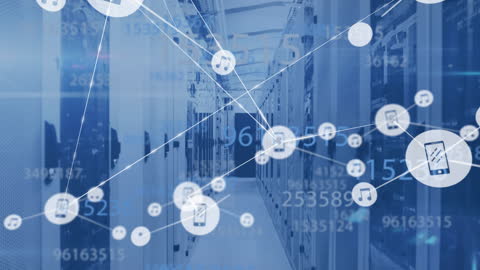 Digital Cloud Network with Data Connections Overlaying Server Room