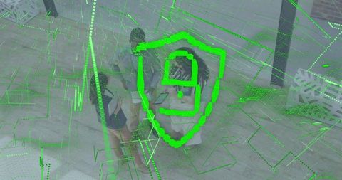 Team collaborating over tablet showing futuristic green shield interface and data overlay