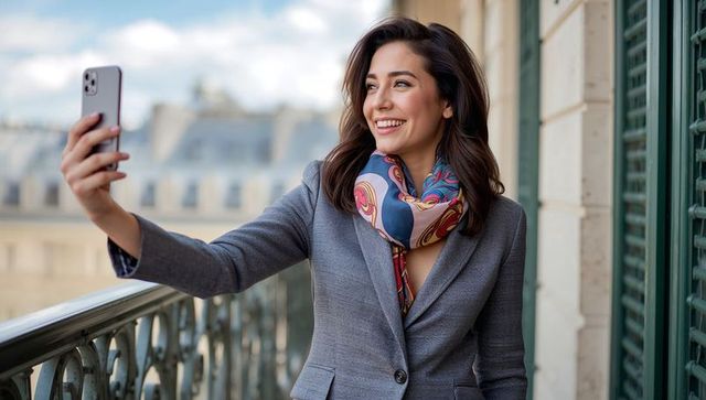 Elegant woman taking selfie on balcony with cityscape view