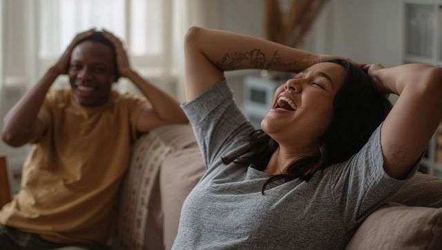 Laughing woman reclining on sofa while partner smiling in cozy daylight living room