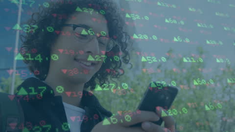 Smiling Professional Analyzing Stock Market on Smartphone Outdoors