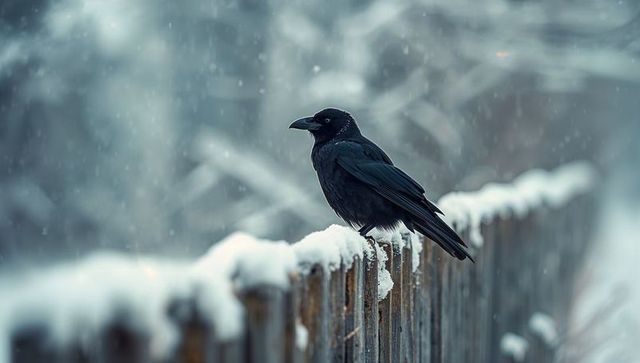 Black crow on snowy fence amidst winter wonderland