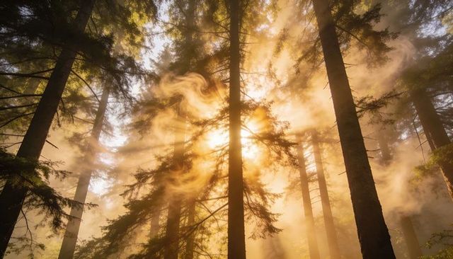 Golden Sunburst Through Misty Evergreen Forest Canopy with Dramatic Sun Rays