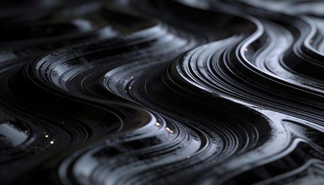 Glossy Black Waves Flowing with Concentric Grooves and Reflective Highlights