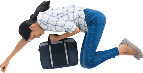 Transparent Young Woman Leaning on Bag in Casual Clothes