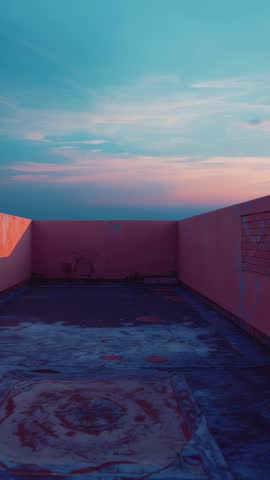 Rooftop terrace glowing at dawn with pastel sky vertical cinematic opener for mobile content