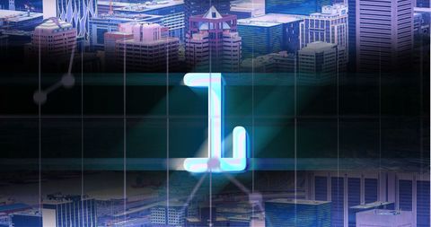 Glowing Number 1 Overlaid on Cityscape with Gridlines