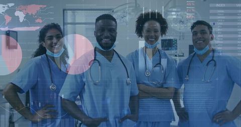 Diverse Medical Team Analyzing Data in High-Tech Operating Room