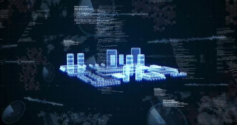 Holographic 3d city model rotating in neon wireframe dashboard for data visualization