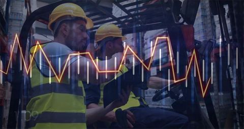Forklift Operators Collaborating in Warehouse with Data Overlay Showing Performance Metrics