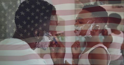 Father and Son Shaving Ritual with Superimposed American Flag
