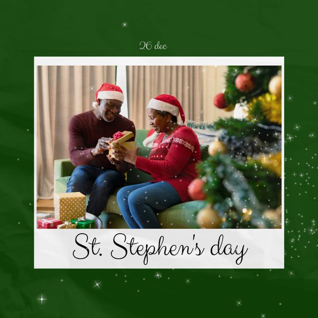 Festive African American Couple Celebrates St. Stephen's Day with Gifts - Download Free Stock Templates Pikwizard.com