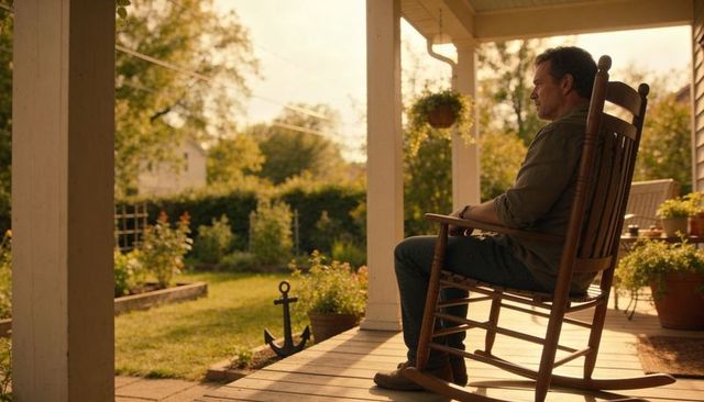 Middle-aged man sitting in rocking chair on front porch with garden view at golden hour