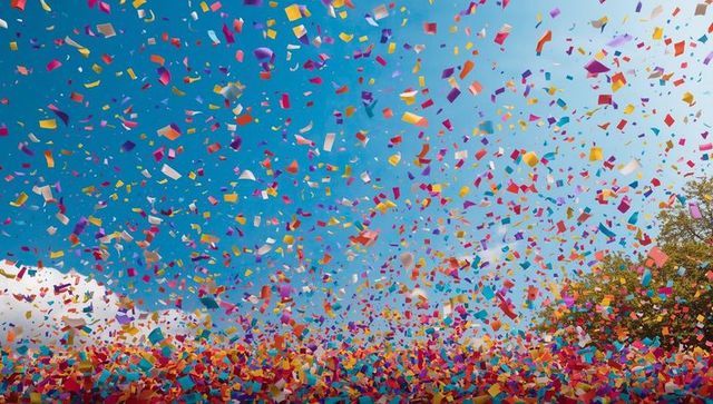 Vibrant Confetti Shower Against Clear Blue Sky