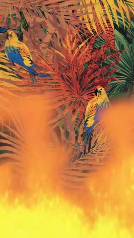 Tropical palms burning with flickering flames and parrots perching in stylized vertical video