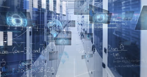 Futuristic Data Center with Holographic Interface and Mathematical Elements