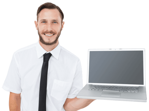 smiling entrepreneur showing blank laptop with transparent background - Download Free Stock Videos Pikwizard.com
