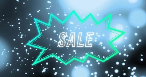 Glowing teal neon burst displaying sale over blue bokeh backdrop for promotions