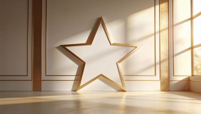 Leaning gold-edged five-point star frame casting long shadows in sunlit minimal interior