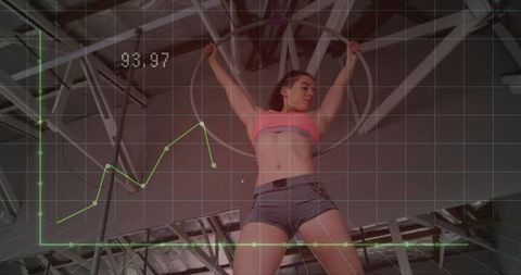 Female Athlete on Gym Rings with Performance Analytics Overlay