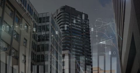 Futuristic Sky and Finance: Downtown Merged with Digital Graphics - Download Free Stock Images Pikwizard.com