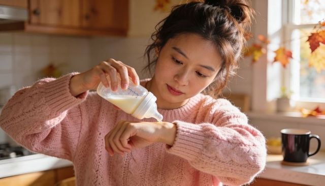 Testing baby bottle milk on wrist, mother pouring warmed milk, cozy sunlit kitchen