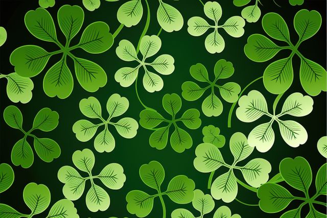 Perfect for St. Patrick's Day-themed designs, this seamless pattern of lush green shamrocks on a dark background brings a festive and Irish spirit to any project. Ideal for use in greeting cards, invitations, wrapping paper, web backgrounds, and fabric design.