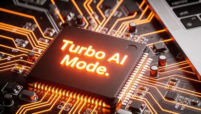 Turbo ai mode glowing microchip on circuit board with neon orange traces and laptop edge