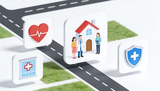 Isometric healthcare network showing doctor, patient and caregiver at home clinic icon
