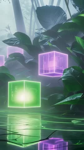 Vertical neon cubes pulsing and drifting in misty tropical glade futuristic abstract loop