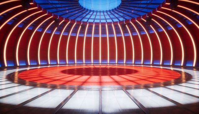 Futuristic circular arena with vertical led ribs, red reflective platform and skylight