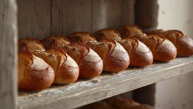 Artisan bread loaves neatly placed on rustic wooden shelf
