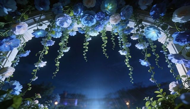 Romantic nocturnal floral arch with blue blush blooms and led vines draping over rainy night