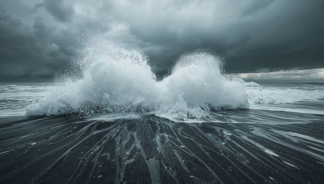 Double-lobed storm wave crashing onto black sand with radial foam streaks and dramatic sky